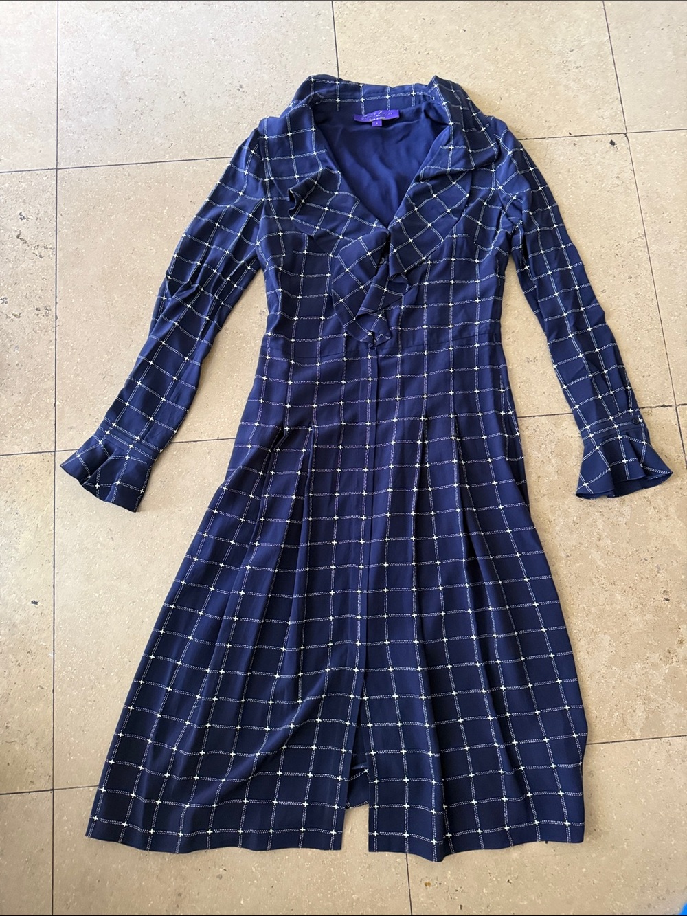 Ralph Lauren Purple Label Navy Windowpane Ruffle-Front Long-Sleeve Dress